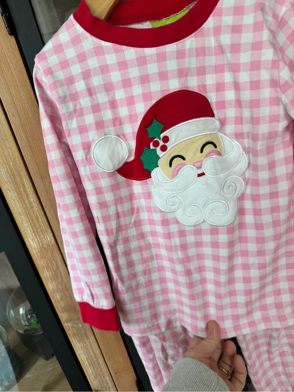 Classic Whimsy santa applique gingham pajamas set longsleeve tee pants christmas